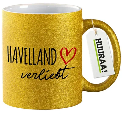 Produktbild von Huuraa Glitzertasse Havelland verliebt 330ml Gold Keramik Kaffeebecher Geschenkidee
