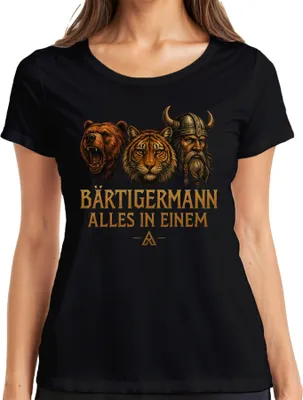 Zdjęcie produktu dla Bearded Man All in One Bear Tiger Viking Valhalla Slogan Ladies T-Shirt, Czarny, L