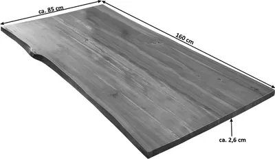 A wooden tabletop with live edges, showing dimensions.