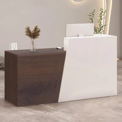 Image de Comptoir de réception avec tiroir et étagères, dimensions 110x42x100 cm, couleur blanc et marron foncé