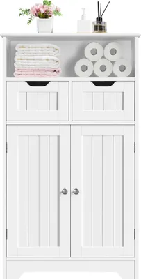 Produktbild von Yaheetech Badezimmerschrank Bodenschrank mit 1 offene Ablage & 2 Schubladen & 1 Verstellbarem Einlegeboden Standschrank fürs Badezimmer/Wohnzimmer/Küche/Flur Weiß