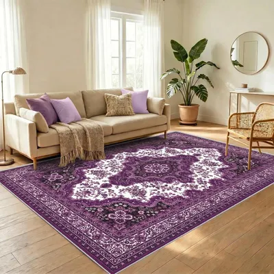 Zdjęcie produktu dla Dywan orientalny - Krótkowłosy - Fioletowy - 140 x 200 cm - Antypoślizgowy i do prania w pralce - Do salonu i jadalni