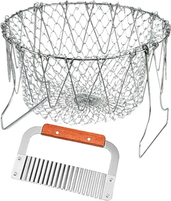 Image de set de friteuse 2 pièces, panier à friture multifonctionnel en acier inoxydable et coupe-pommes de terre Crinkle