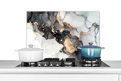 Obrázek produktu pro KitchenYeah® Kitchen splashback - Kuchyňský splashback - Ochrana stěny sporáku a dřezu - Mramor - Černá - Bílá - Zlatá - - Abstraktní 70x50 - Alu-Dibond (alternativa ke skleněnému splashbacku) - Teplo