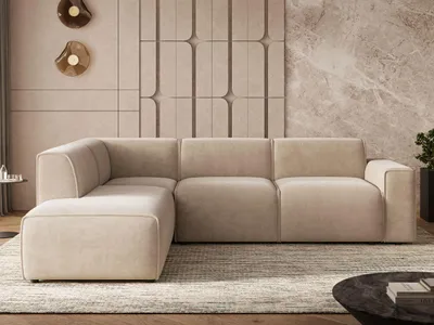 Produktbild von GrainGold Ecksofa L-Form Links Eluno - Ecksofa mit Schlaffunktion, Bettkasten - Moderne Ecksofa, Wohnzimmer Sofa - Eckcouch Beige (Castel 15)