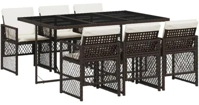 Productafbeelding van Eetset voor de tuin, 7-delig, met kussens, tafel en 6 stoelen, bruin, van polyrotan, met glazen tafelblad