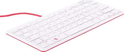 A white Raspberry Pi keyboard with a red trim and cable, shown from a diagonal angle on a white background.