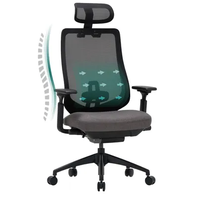 An ergonomic office chair with a mesh back and headrest, shown in a studio setting against a white background.