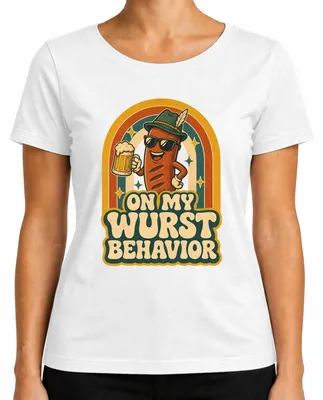 Immagine prodotto di Maglietta da donna a tema , con scritta "On My Wurst Behavior", stile tradizionale bavarese, in , colore bianco, taglia 3XL