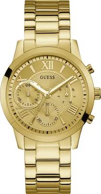 A close-up studio shot of a gold-colored Guess watch.