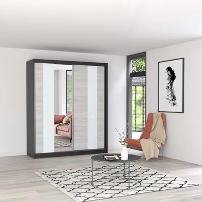 Produktbild von Schwebetürenschrank Kleiderschrank Schrank 183 cm Schwarz/Kathult mit Spiegel und Lacobel Glaseinsatz Multi 32