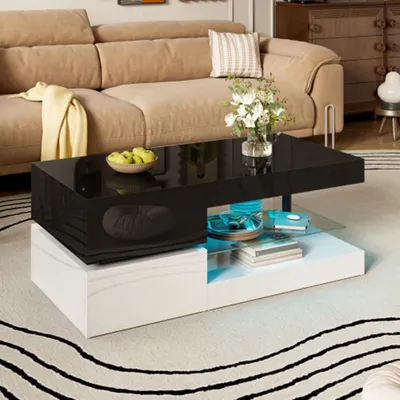 Produktbild von Moderner Couchtisch mit LED-Ambientebeleuchtung, APP- und Bluetooth-Steuerung,Hochglanz-Oberfläche,für Wohnzimmer, 90x45x35,5 cm