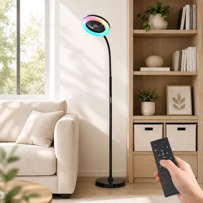 Produktbild von 2-in-1 Stehventilator mit LED-Lampe, 3 Windstufen, RGB/CCT Farben dimmbar, 1200lm, Fernbedienung/Touch, Schwanenhals Stehlampe mit Ventilator(183cm), für Wohnzimmer/Büro