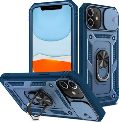 Immagine prodotto di Custodia per iPhone 11 protezione fotocamera scorrevole, resistente agli urti, con supporto ad anello, supporto e porta carte di credito Blu