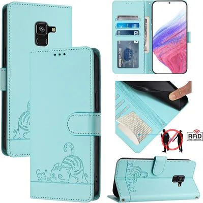 Produktbild von Leder Hülle für Samsung Galaxy A8 2018 Süße Katze Flip Case Brieftasche Schutzhülle mit Standfunktion hellgrün