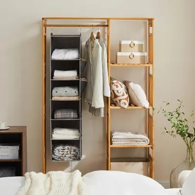 Produktbild von Hängeregal Schrankorganizer Stabiler 6 Fächern Kleiderschrank Organizer Ordnungssystem Hängeaufbewahrung mit MDF-Platten und Bambus-Stock verstärkt Grau