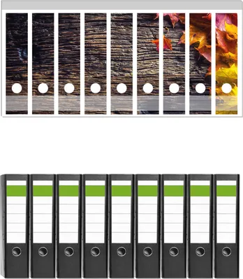 Produktbild von Wallario 9 Stück breite Ordner inkl. Klebeetiketten mit Motive Herbstblätter auf altem Holz -  Set mit Rückenschildern / Ordnerrücken Stickern