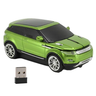 A green car-shaped computer mouse and its USB receiver are displayed against a white background.