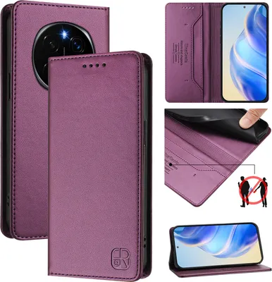Obrázek produktu pro Kožené pouzdro pro Honor Magic7, flipové pouzdro s přihrádkami na karty, peněženkou a stojánkem Fialová
