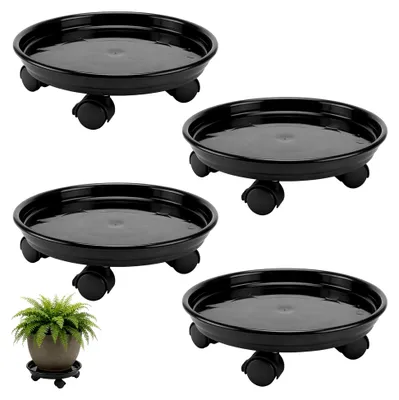 Produktbild von 4 Stück 30 cm Schwarze Rollbare Pflanzenständer, Blumentopfuntersetzer mit Rollen, Kunststoff Rund Pflanzenroller für Innen und Außen