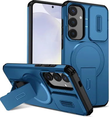 Obrázek produktu pro Magnetické pouzdro pro Samsung Galaxy S25+/S24+, dvouvrstvé odolné pouzdro s posuvnou ochranou fotoaparátu a nastavitelným stojánkem Modrá