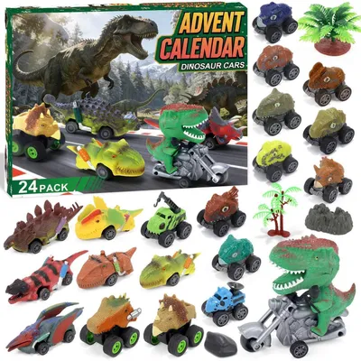 Immagine prodotto di Calendario dell'Avvento a tema dinosauri, macchinine, anno 2026, per bambini, ragazzi e ragazze, 24 giorni, con camion mostruosi e macchinine, colore verde