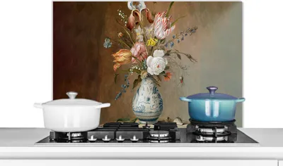 Produktbild von KitchenYeah®  Spritzschutz Küche - Küchenrückwand - Wandschutz für Herd und Spüle - Alte Meister - Blumen - Balthasar van der Ast 80x55 - Alu-Dibond (Alternative zum Spritzschutz aus Glas) - Hitzebest