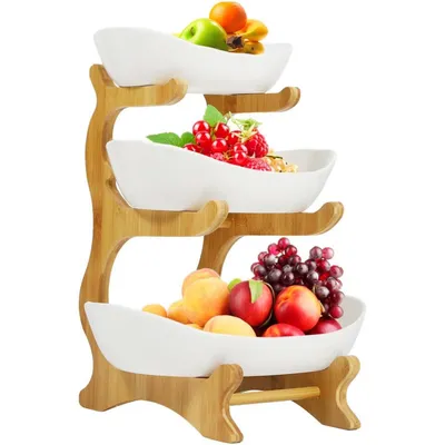 Produktbild von Obstständer 3-stöckig aus Bambus, Mehrstöckiger Obstkübel mit Schalen, Küchenorganizer für Obst und Snacks, Gemüse, Brot, Deko-Etagere aus Bambus
