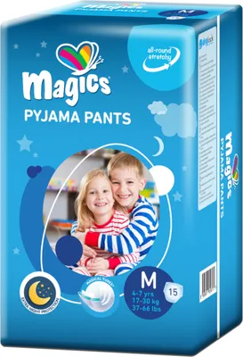 Zdjęcie produktu dla Spodnie do piżamy Magics - 15x Spodnie nocne dla chłopców 4-7 lat - Rozmiar M (17-30 kg) - Chłonne pieluchy nocne dla nastolatków na moczenie nocne