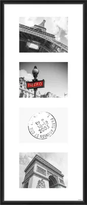 A collage of four black and white images of Parisian landmarks and symbols, framed in black.