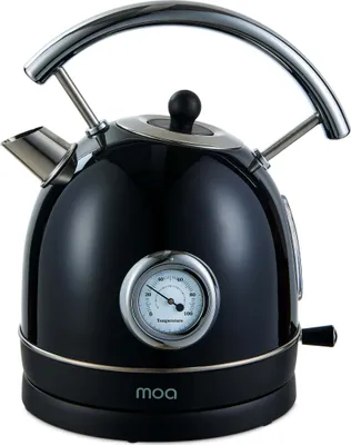 A black electric kettle with a retro design and a built-in thermometer.
