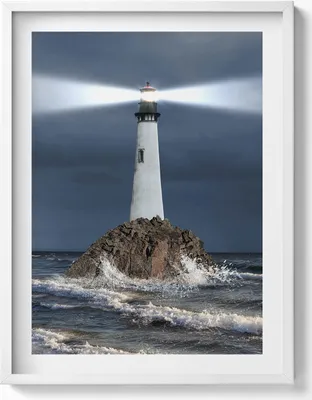 Produktbild von Leuchtturm– Wandbild mit Rahmen – Gerahmtes Bild  – Wanddekoration – 60x80 cm –  Weiß Rahmen