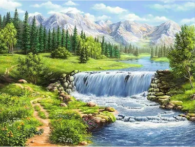 Produktbild von Diamantmosaik "Wilder Fluss in den Bergen", 30x40 cm, kreative Diamanten