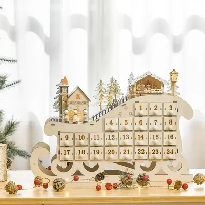 Produktbild von Weihnachtskalender mit LED-Lichtern und 24 Schubladen Schlitten-Form Adventskalender Festliche Dekoration 45 x 10 x 31 cm