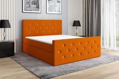 Produktbild von Boxspringbett REINN 200 x 200 mit 2 Bettkästen, Bonell-Matratze und Topper. Farbe: Orange