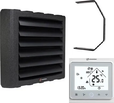 A product shot of a heater, a mounting bracket, and a thermostat.