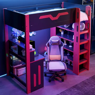 Image de Lit mezzanine 90 x 200 cm en pin et MDF avec bureau, lit d'enfant avec éclairage LED, escalier et nombreux rangements, sommier à lattes inclus, noir