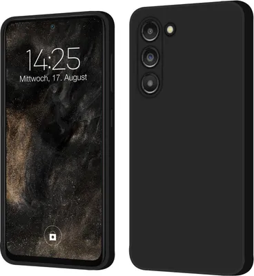 A black smartphone case is shown from two angles, one showing the front screen and the other showing the back with the camera module.