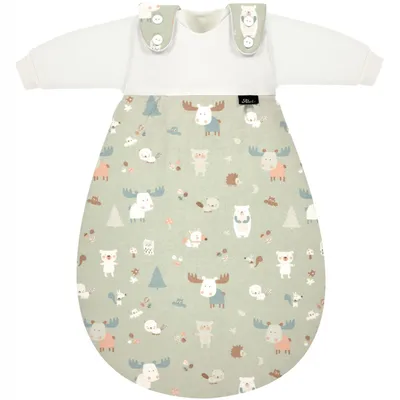 A baby sleeping bag with a white top and a green patterned bottom featuring various forest animals.