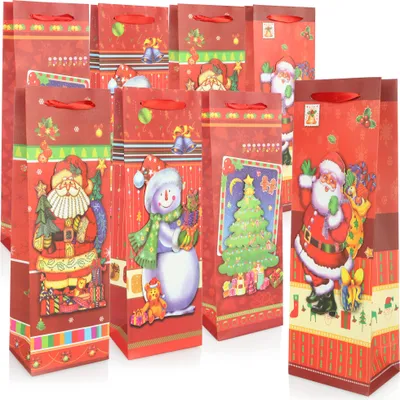 Produktbild von COM-FOUR® 8x Geschenktüte in weihnachtlichen Motiven - Geschenktasche für Wein- und Sektflaschen - Flaschentasche für Weihnachten und Nikolaus