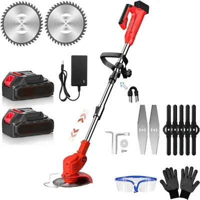Produktbild von Akku-Rasentrimmer 21V mit 2 Akku und Ladegerät,Faltbarer Licht Unkrautfresser, 3 Arten Klinge, Teleskop-Stiel & Zusatzhandgriff für Rasen,Garten(Rot)