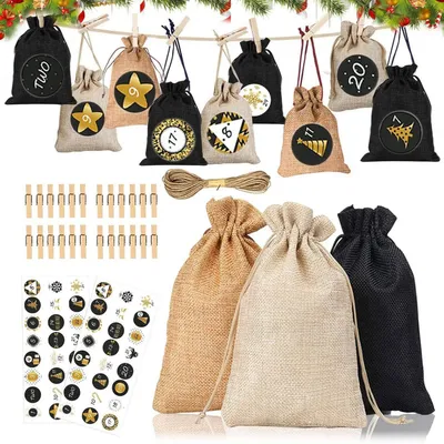 Produktbild von Adventskalender zum Befüllen, 24 Jute Säckchen, 48 Aufkleber, Holzklammern & Kordel