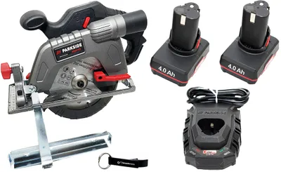 Produktbild von Zestaw HEADNMORE® - akumulatorowa przenośna pilarka tarczowa PARKSIDE PERFORMANCE® 12 V PHKSAP 12 + brelok HEADNMORE® (z akumulatorem 2x4 Ah)