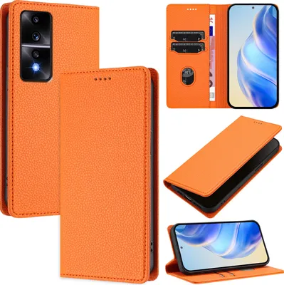Produktbild von Litchi Leder Handyhülle für Honor 80 GT Wallet Kartenfächer Standfunktion Hülle Orange