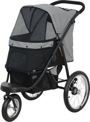 Produktbild von Hundewagen Jogger Hundebuggy klappbar für kleine Hunde & Katzen bis 10 kg Katzenbuggy mit 3 große Gummiräder, Kissen Netzfenstern Aufbewahrungskorb Katzenwagen mit Sicherheitsleinen, Grau |