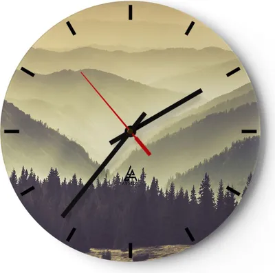 Produktbild von Wanduhr - Rund - Glasuhr - Berge Wald Natur - 40x40cm - Schleichendes Uhrwerk - Lautlos - zum Aufhängen bereit - Dekoration Modern - Wanddekoration aus Glas - C3AR40x40-3820