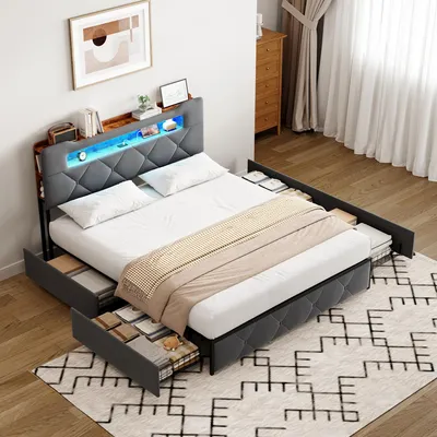 Obrázek produktu pro Postel s úložným prostorem o rozměrech 140 x 200 cm z šedého sametu s osvětleným čelem a integrovanou nabíječkou, 4 zásuvky, kovový rám