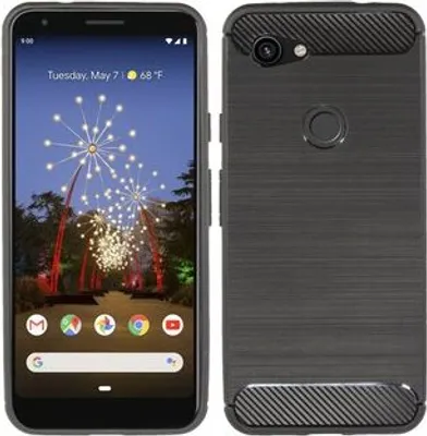 Productafbeelding van cofi1453® Siliconen hoesje, bumper, carbon design, compatibel met GOOGLE PIXEL 3A. TPU, zachte telefoonhoesje, beschermhoes, zwart