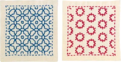 Produktbild von Olympus-Set „Hitomezashi Sashiko“ mit Stempel, „2 Stück ecrufarbene Untersetzer“, 10 x 10 cm, Original aus Japan