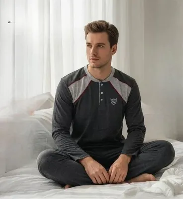 Produktbild von Herren Pyjama Schlafanzug Grau XL Warm Winter %100 Baumwolle Lang M-85